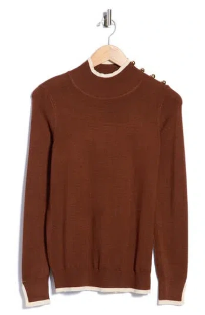 Joseph A Tipped Button Shoulder Mock Neck Sweater In Brown