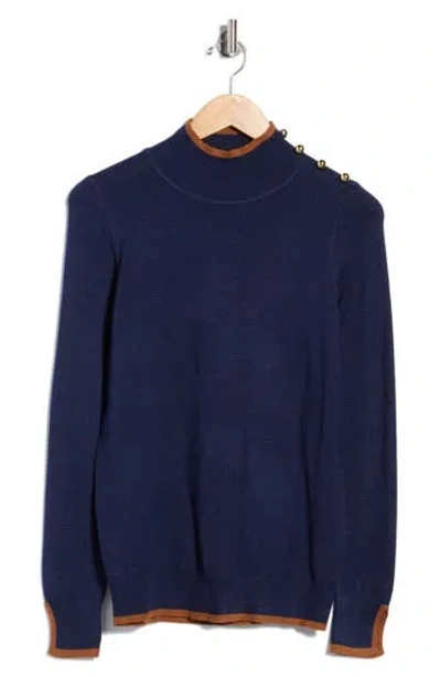 Joseph A Tipped Button Shoulder Mock Neck Sweater In Blue