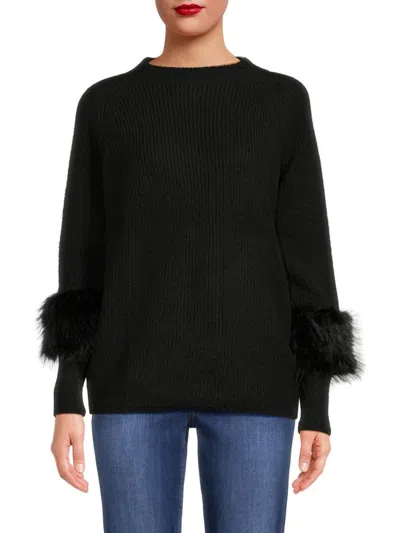 Joseph A Women's Faux Fur Ribbed Mockneck Sweater In Black