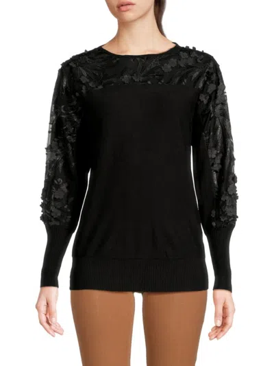 Joseph A Women's Floral Appliqué Bishop Sleeve Sweater In Black