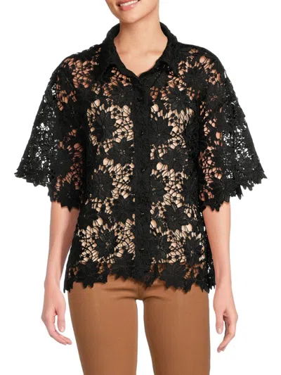 Joseph A Women's Floral Open Knit Shirt In Black