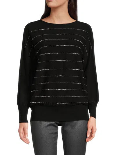 Joseph A Women's Linear Embellished Dolman Sleeve Sweater In Black
