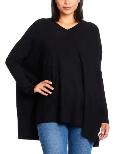 Joseph A Womens V-neck Long Sleeve Poncho Sweater In Black