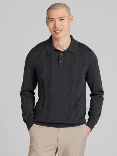 Joseph Abboud Merino Wool Stitch Panel Polo Sweater Charcoal - Size: Medium In Gray