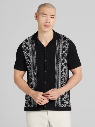 Joseph Abboud Modern Fit Jacquard Camp Shirt Sweater In Black