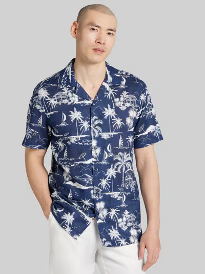 Joseph Abboud Modern Fit Palm Trees And Sailboat Camp Shirt In Blue