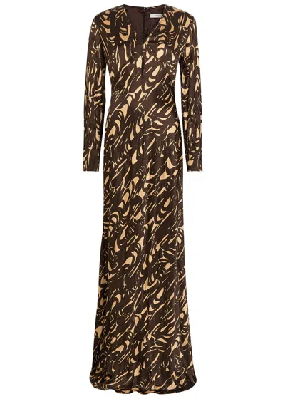 Joseph Adore Printed Crinkled Satin Midi Dress In Brown