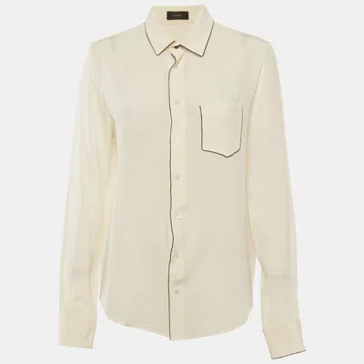 Pre-owned Joseph Beige Crepe Silk Contrast Trim Button Up Shirt L In Sand