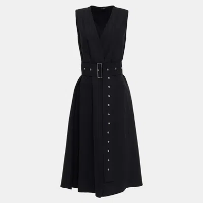 Pre-owned Joseph Black Virgin Wool Belted Midi Dress M (fr 38)