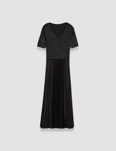 Joseph Domat Metallic Merino Wool-blend And Pleated Satin Dress In Black