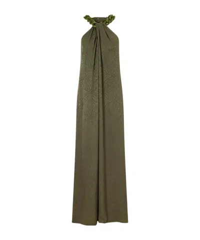 Joseph Embellished Silk-jacquard Halterneck Maxi Dress In Green