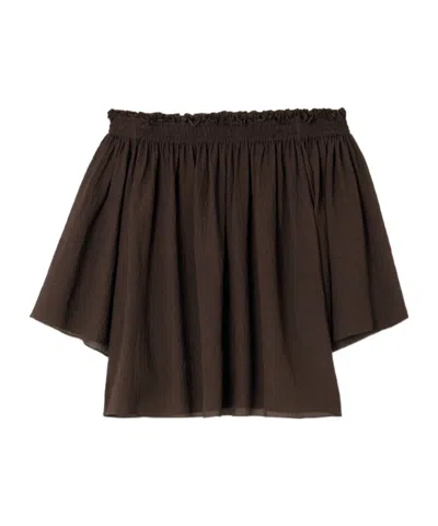 Joseph Emi Off-the-shoulder Shirred Seersucker Top In Brown