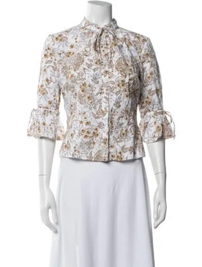 Pre-owned Joseph Floral Print Tie Neck Blouse In White