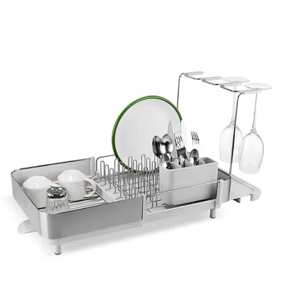 Joseph Joseph Extend Steel Plus Expandable Dish Rack With Wine Glass Holder - Light Stone In White