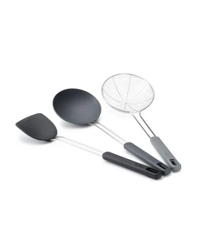 Joseph Joseph Nest Fusion Compact 3-piece Wok Silicone Turner, Silicone Spoon And Wire Skimmer Set In Black