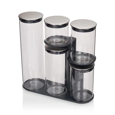 Joseph Joseph Podium 100 5-piece Glass Storage Jar Set With Stand In Silver