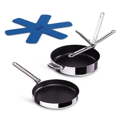 JOSEPH JOSEPH SPACE STEEL TWO PIECE CERAMIC NON-STICK FRY PAN SET WITH FOLDING HANDLES