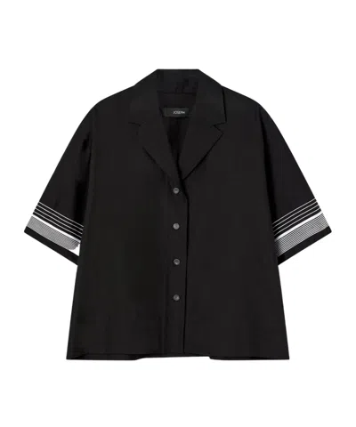 Joseph Womens Black Leopold Embroidered-stripe Short-sleeve Cotton And Silk-blend Blouse