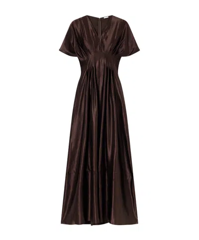 Joseph Nova Gathered Linen And Silk-blend Maxi Dress In Brown