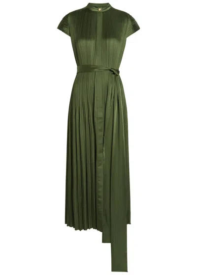Joseph Pleated Belted Midi Dress In Green