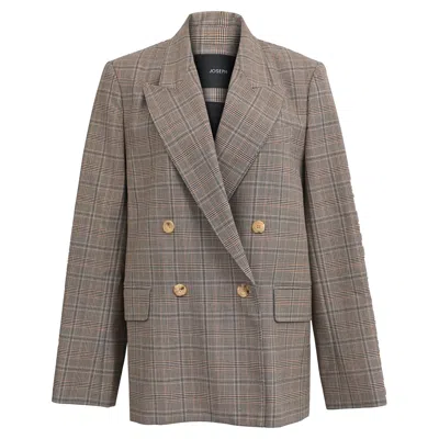Joseph Plaid Double-breasted Blazer With Pockets In Brown Wool