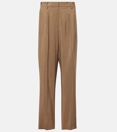 Joseph Pleated Silk-blend Twill Straight Pants In Brown
