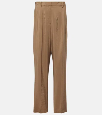 Joseph Pleated Silk-blend Twill Straight Trousers In Brown