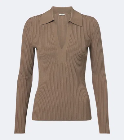 Joseph Ribbed-knit Wool-blend Polo Sweater In Brown