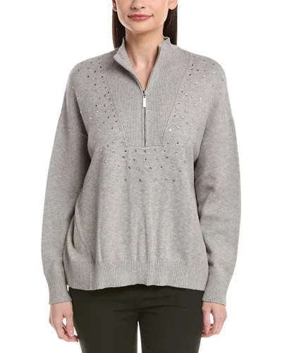 Joseph Ribkoff Embellished Zipped Mockneck Pullover Sweater In Grey Melange In Gray