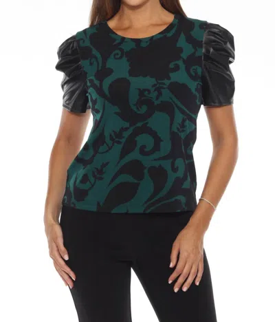 Joseph Ribkoff Absolute Paisley Faux Leather Puff Sleeve Top In Green/black