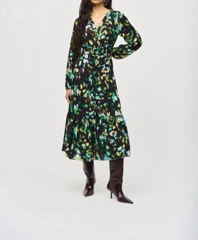 Joseph Ribkoff Abstract Camo Belted A-line Midi Dress In Black/multi