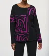 Joseph Ribkoff Abstract Print Boat Neck Knit Top In Black/empress