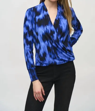 Joseph Ribkoff Abstract Print Faux Wrap Blouson Top In Royal Sapphire/multi