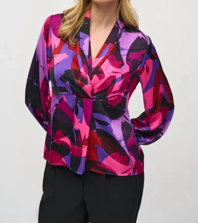 JOSEPH RIBKOFF ABSTRACT PRINT FAUX WRAP SATIN TOP IN BLACK/MULTI