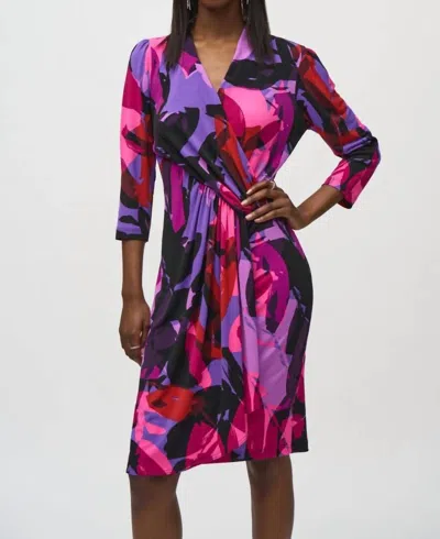 JOSEPH RIBKOFF ABSTRACT PRINT FAUX WRAP SHEATH DRESS IN BLACK/MULTI