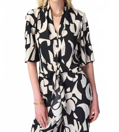 Joseph Ribkoff Abstract Print Front Tie Blouse In Black/tan In Multi