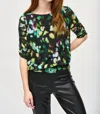Joseph Ribkoff Abstract Print Mesh Ruched 3/4 Sleeve Top In Black/multi