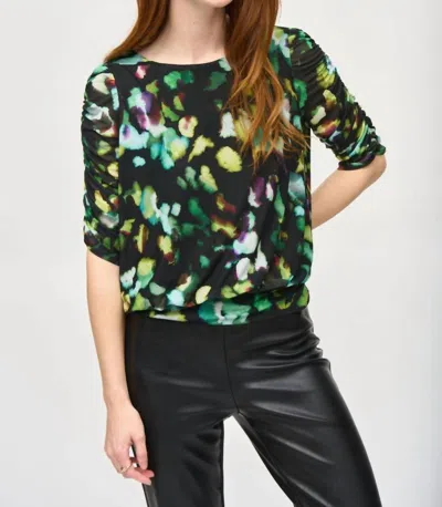 Joseph Ribkoff Abstract Print Mesh Ruched 3/4 Sleeve Top In Black/multi