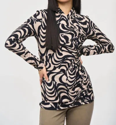 Joseph Ribkoff Abstract Print Ruched Fitted Top In Black/dune In Multi