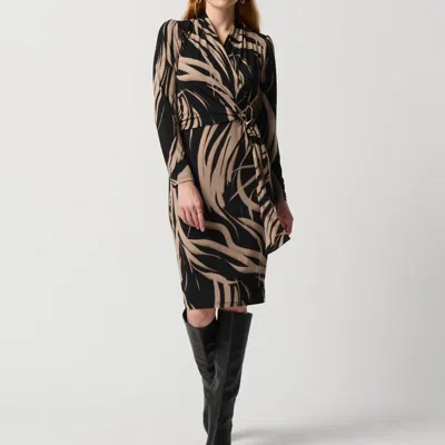 Joseph Ribkoff Two-tone Tie Front Blouse In Black/moonstone Abstract Print