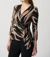 JOSEPH RIBKOFF ABSTRACT PRINT SILKY KNIT TOP WITH SIDE BUCKLE IN BLACK/LATTE