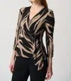 Joseph Ribkoff Abstract Print Silky Knit Top With Side Buckle In Black/latte In Black