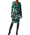 Joseph Ribkoff Abstract Print Silky Knit Wrap Dress With Ornament In Black Multi In Multi