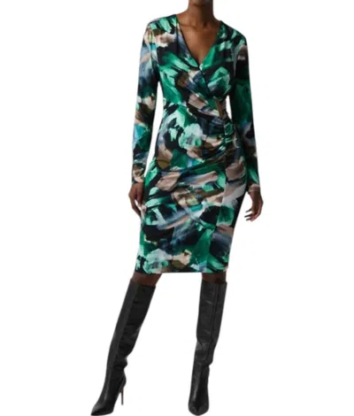 Joseph Ribkoff Abstract Print Silky Knit Wrap Dress With Ornament In Black Multi