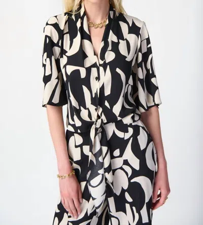 Joseph Ribkoff Abstract Print Woven Front Tie Blouse In Black/moonstone