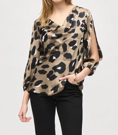 JOSEPH RIBKOFF ANIMAL PRINT COWL NECK SATIN TOP IN BLACK/MULTI