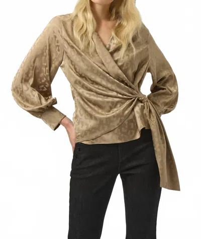 Joseph Ribkoff Animal Print Faux Wrap Long Puff Sleeves Top In Taupe In Neutral