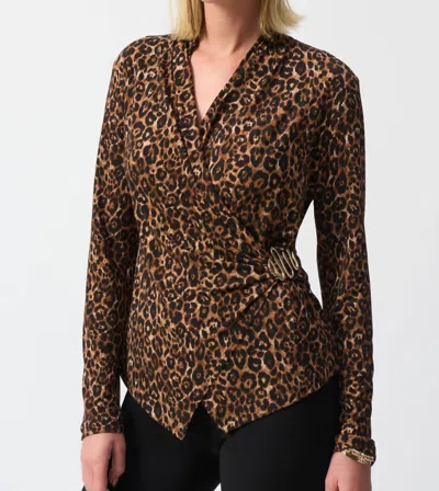 Joseph Ribkoff Animal Print Fitted Faux Wrap Top In Beige/black