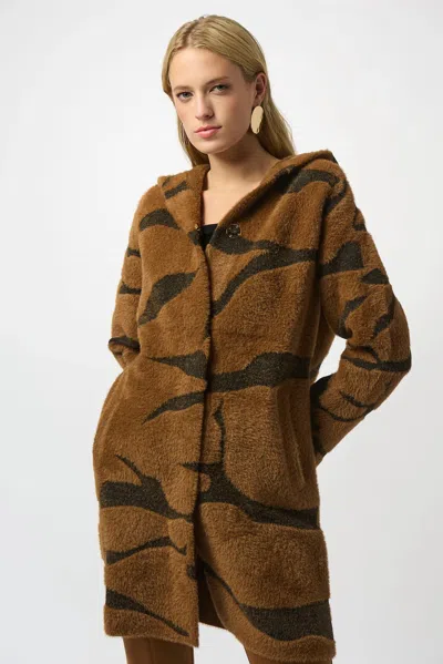 Joseph Ribkoff Animal Print Hooded Faux Fur Coat In Brown/black
