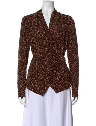 Pre-owned Joseph Ribkoff Animal Print V-neck Blouse In Brown